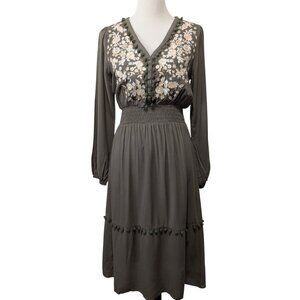 Savanna Jane Womens Sz S Olive Floral Embroidered Pompoms L/S V-Neck Lined Dress
